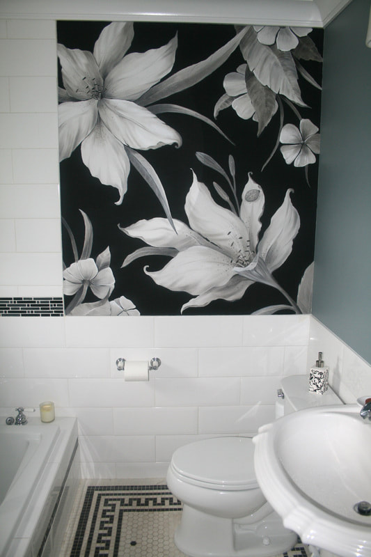 Bathroom canvas floral mural by artist Marsha Bowers