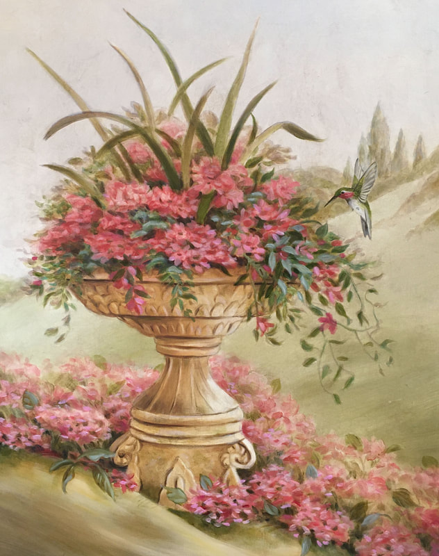 Oil painting of flowers and hummingbird by artist Marsha Bowers