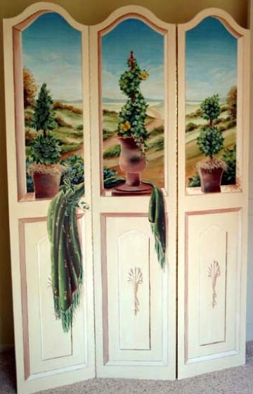 Trompe Oeil 3 panel screen painted by artist Marsha Bowers