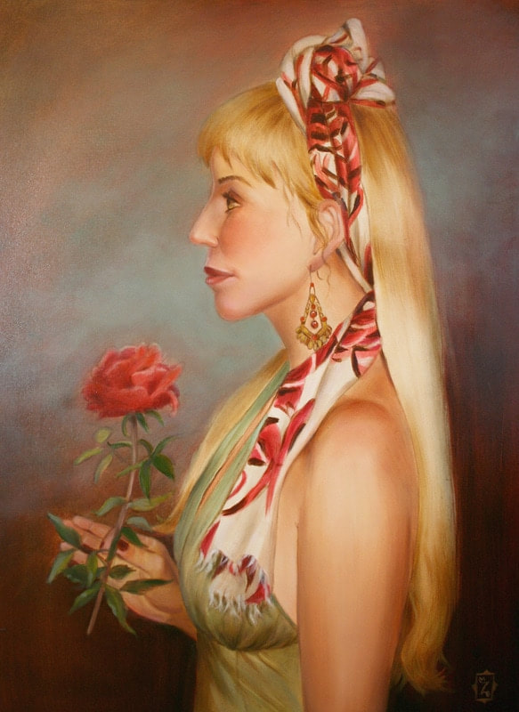 Oil painting portrait of woman holding rose by artist Marsha Bowers